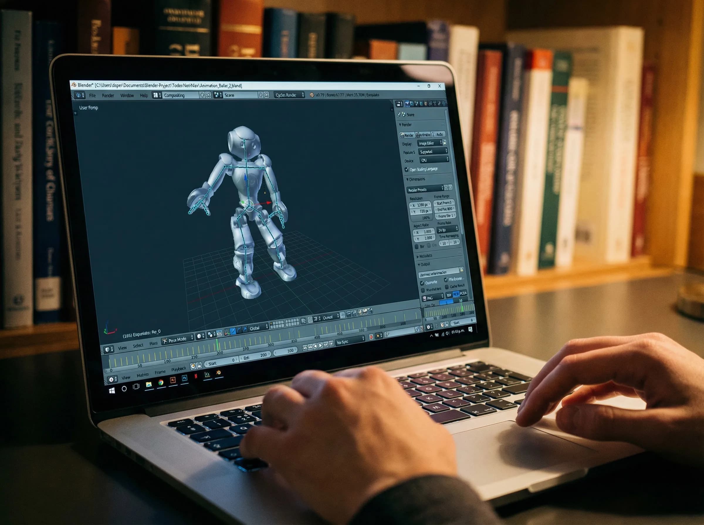Portátil mostrando modelo 3D del robot Nao en Blender